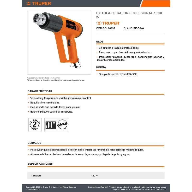 Pistola De Calor Profesional 1800w Truper