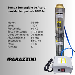 Bomba Sumergible Tipo Bala de Acero Inoxidable 1/2 HP Parazzini BSP054