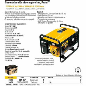 Generador Eléctrico A Gasolina, 2,600w, Pretul Gen-26p 24355 - Avotools
