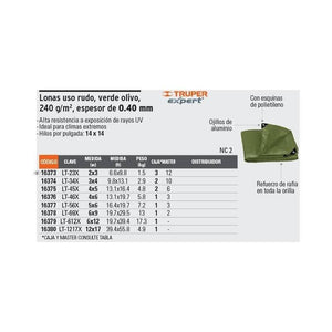 Lona Uso Rudo, Verde Olivo 6 X 12m, Truper LT-612X (16379) - Avotools