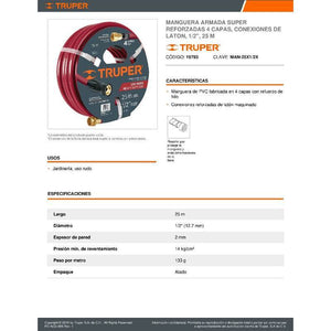 Manguera Roja Reforzada 4 Capas Con Latón 25m Truper (19793) - Avotools